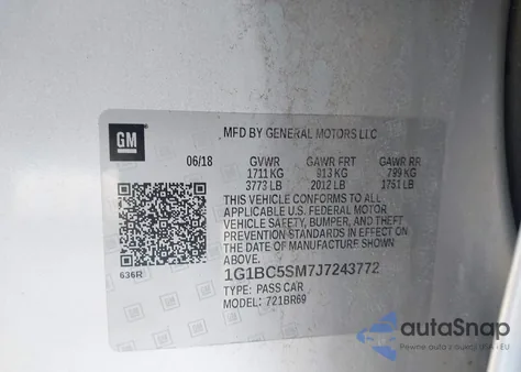 2018 Chevrolet Cruze Ls Auto z USA, uszkodzony, nr VIN 1G1BC5SM7J7243772